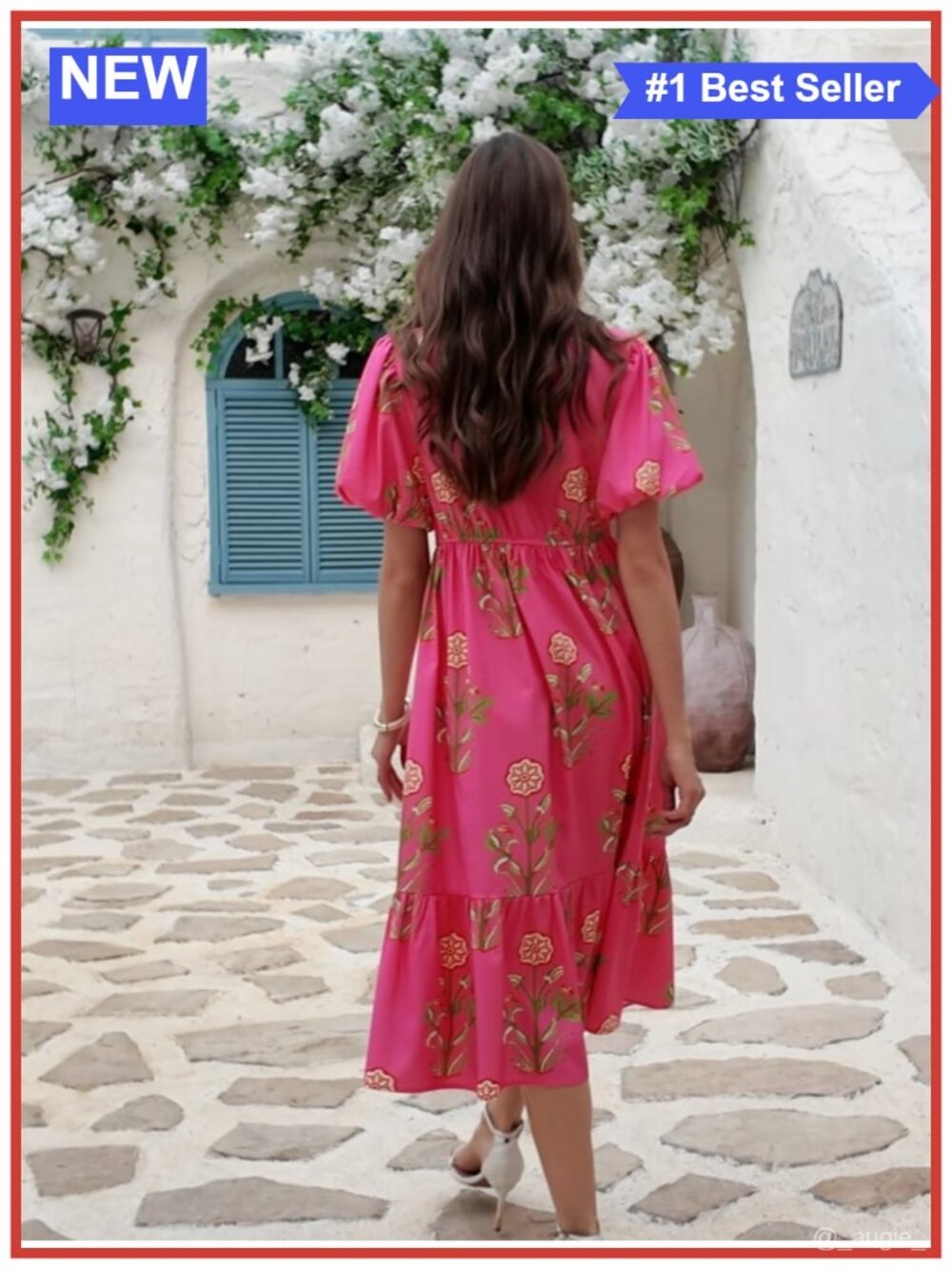 Womens Floral Print Maxi Dress V Neck Puff Short Sleeve Boho Beach Casual A-Line - Picture 6 of 6